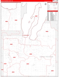 Grand TraverseCounty, MI Wall Map Zip Code Red Line Style 2024